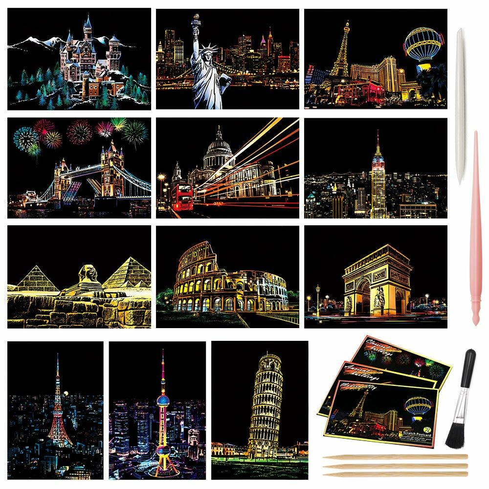 MIASTAR Scratch Art Paper Rainbow Night View Building Series 7.9x5.5 12 Sheets