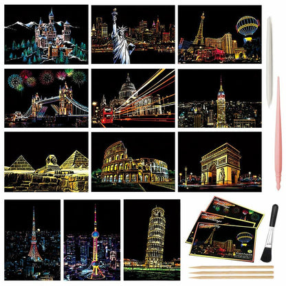 MIASTAR Scratch Art Paper Rainbow Night View Building Series 7.9x5.5 12 Sheets