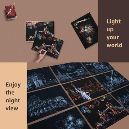 MIASTAR Scratch Art Paper Rainbow Night View Building Series 7.9x5.5 12 Sheets