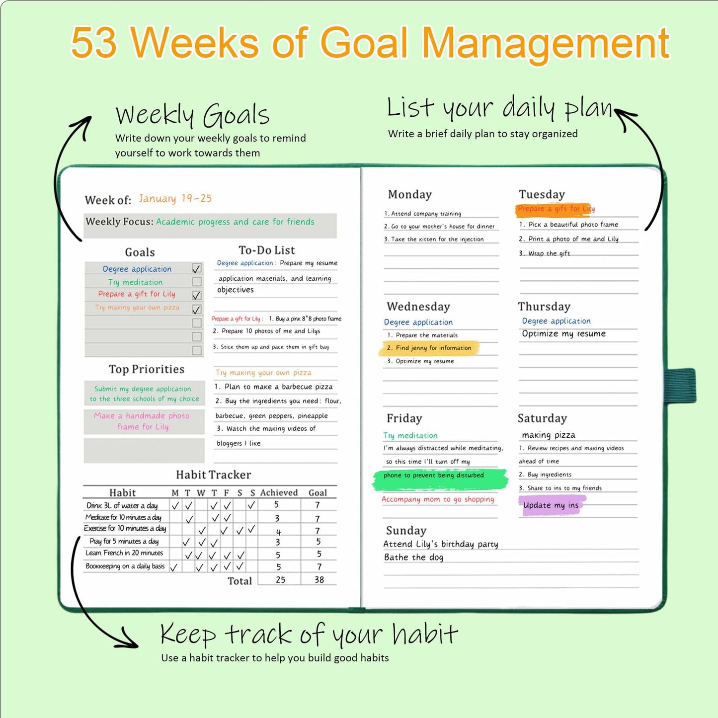 YOJO 2025 A5 Weekly Planner with Goal & Habit Tracker Pink