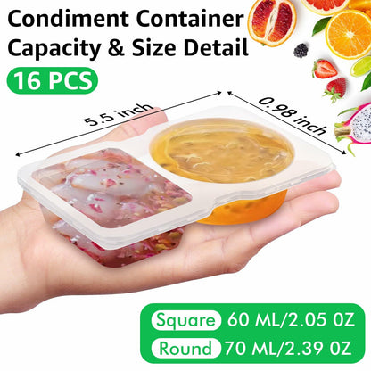 Double Compartment Condiment Containers with Lids 16 PCS Plastic Reusable