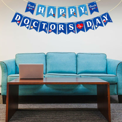 Qttier National Doctor's Day Banner Blue Cardstock Pre-strung Party Decor