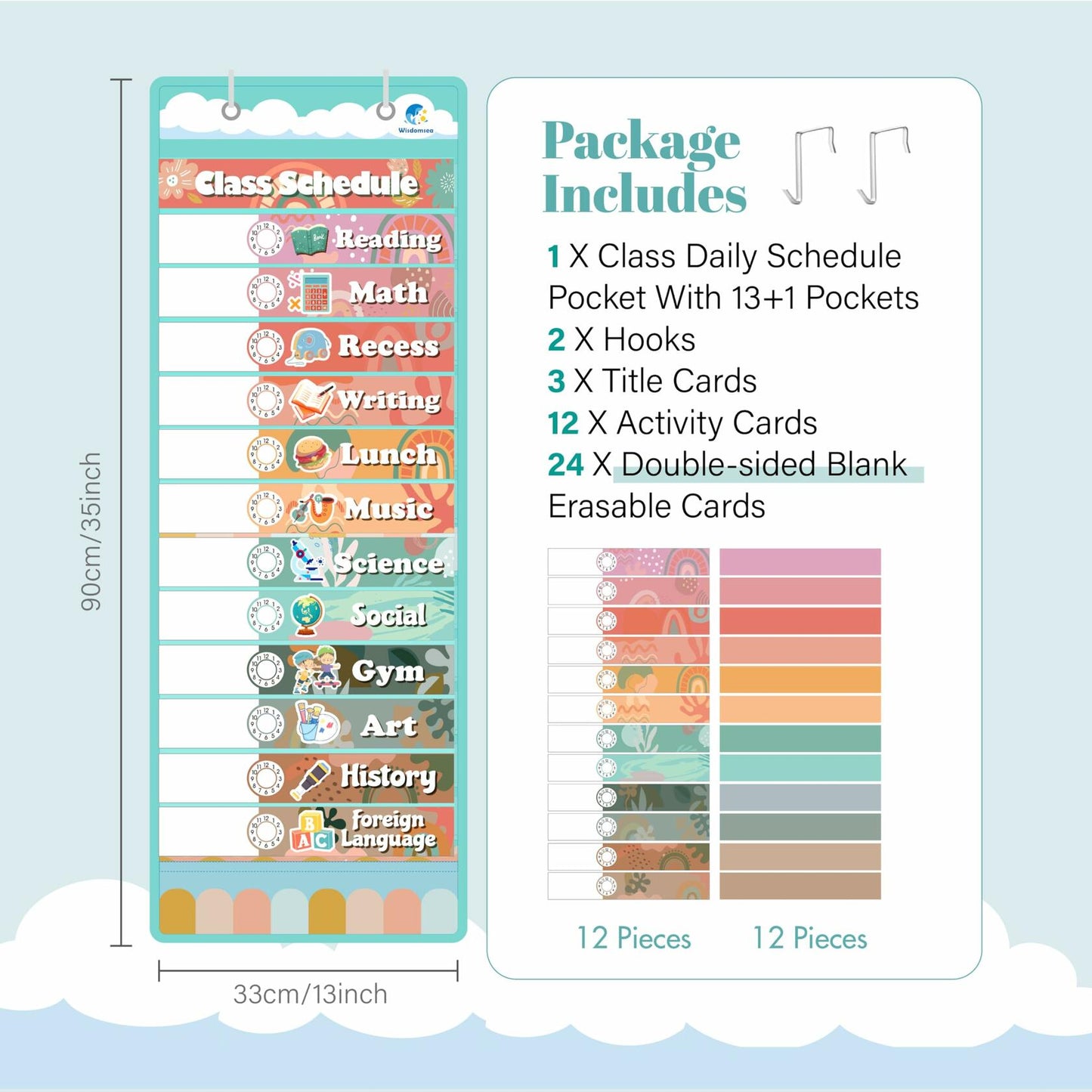 Wisdomsea Pocket Chart Classroom Blue 39 Double-Sided Erasable Cards
