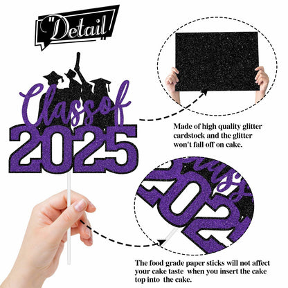 RLXPT Class of 2025 Cake Topper Congrats Grad Black Purple Glitter Foil