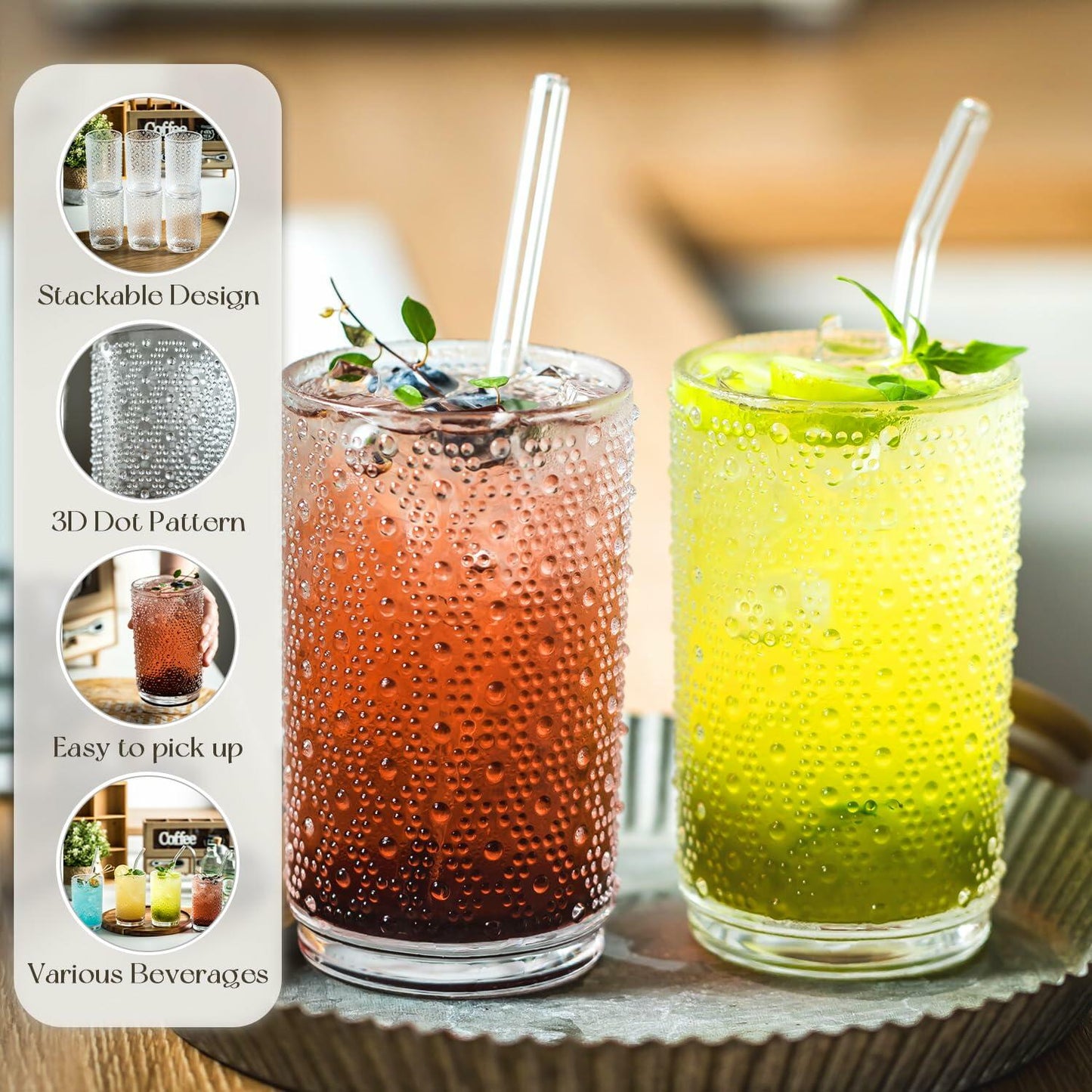 KEMORELA 6PCS Hobnail Old-Fashioned Glasses Set 15oz with Reusable Straws