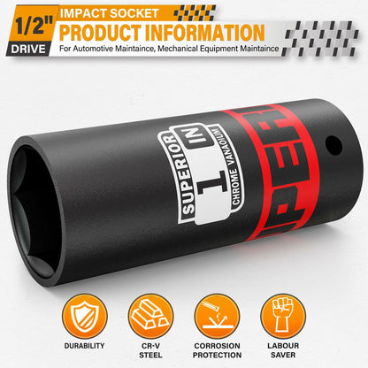 Aiourx 1/2" Drive Impact Socket 1" Deep 6 Point CR-V SAE for Car Repair