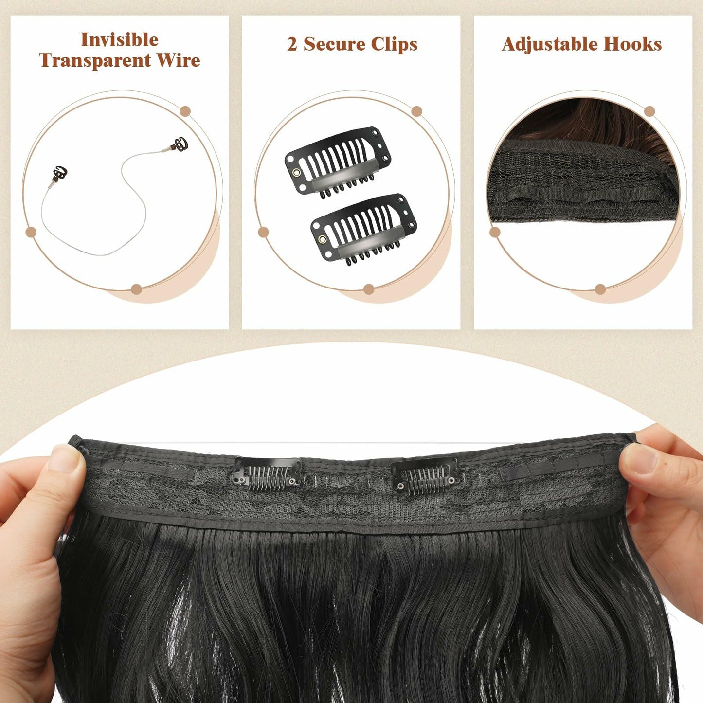 FESHFEN Invisible Wire Hair Extensions 20" Long Wavy Synthetic Black