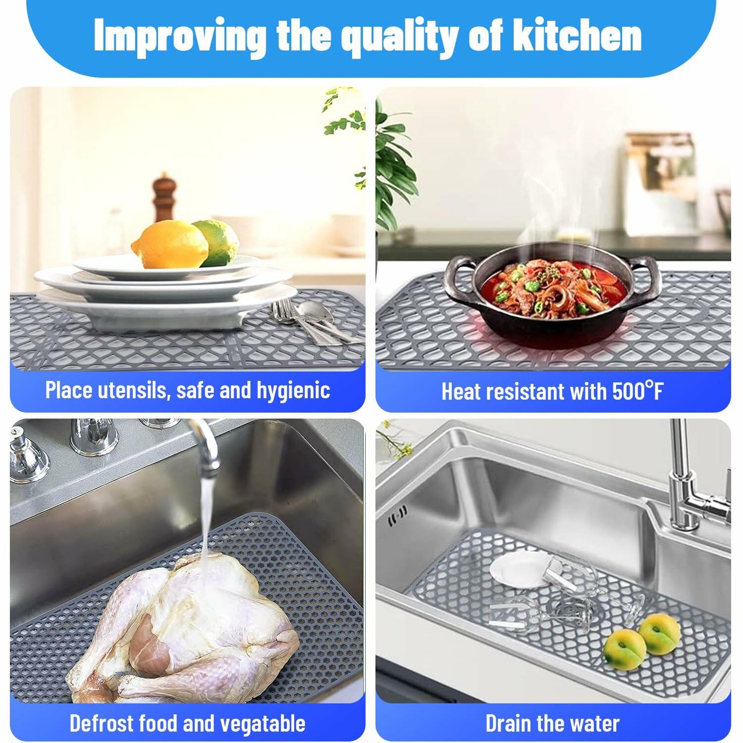 YIRAYUETT Silicone Non-Slip Kitchen Sink Grid Mat 25.9x13.7 Gray