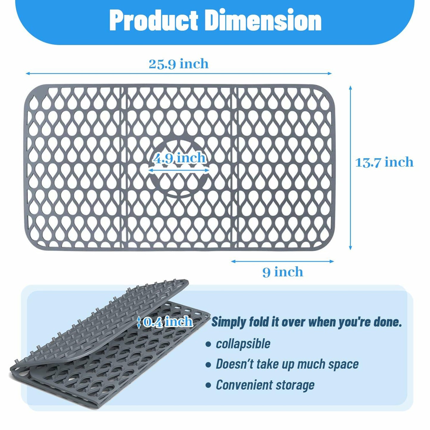 YIRAYUETT Silicone Non-Slip Kitchen Sink Grid Mat 25.9x13.7 Gray