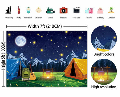 PGSWEER Camping Backdrop 7x5FT Blue Crepe Paper Campfire Mountain Banner