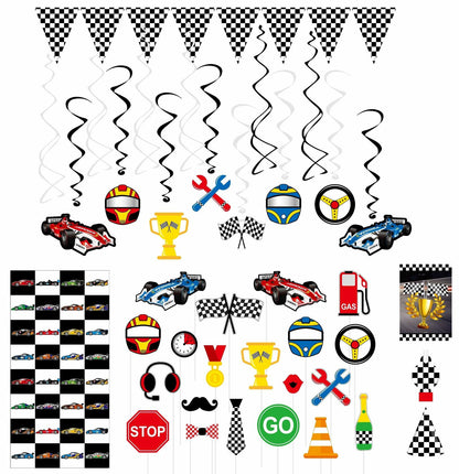Race Car Party Supplies Set for 30 Kids Hats Bags Banners Swirls Backdrop