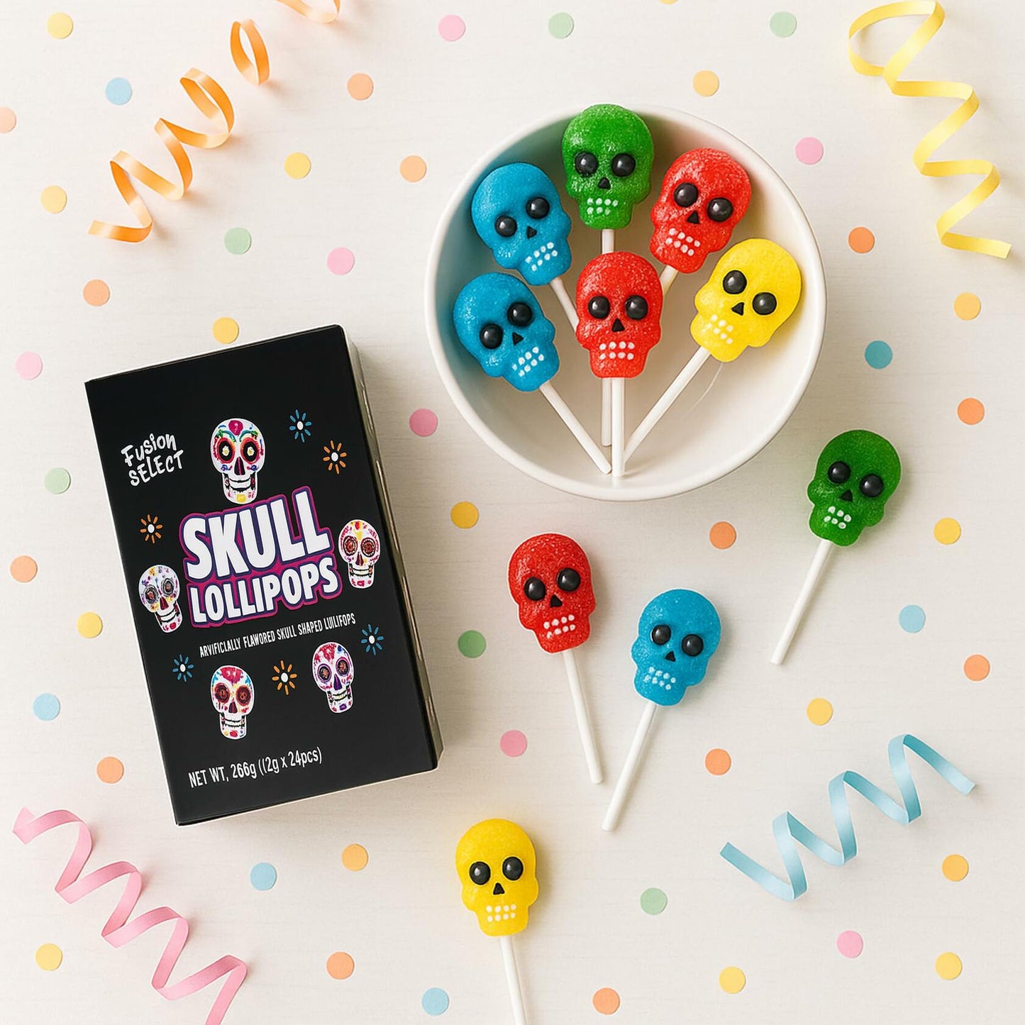 BestBy06/27 Fusion Select Sugar Skull Lollipops 24 Pc Colorful Halloween Candy