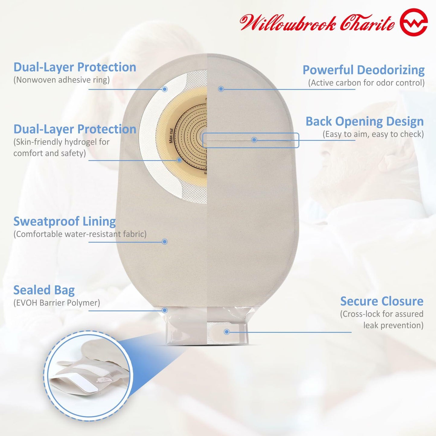 Willowbrook Charite 30 PCS Drainable Ostomy Pouches 12" Grey Cut-to-Fit