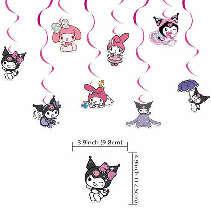 CcHLjh K Kawaii Cartoon Birthday Party Banner & 8 Purple Hanging Swirls