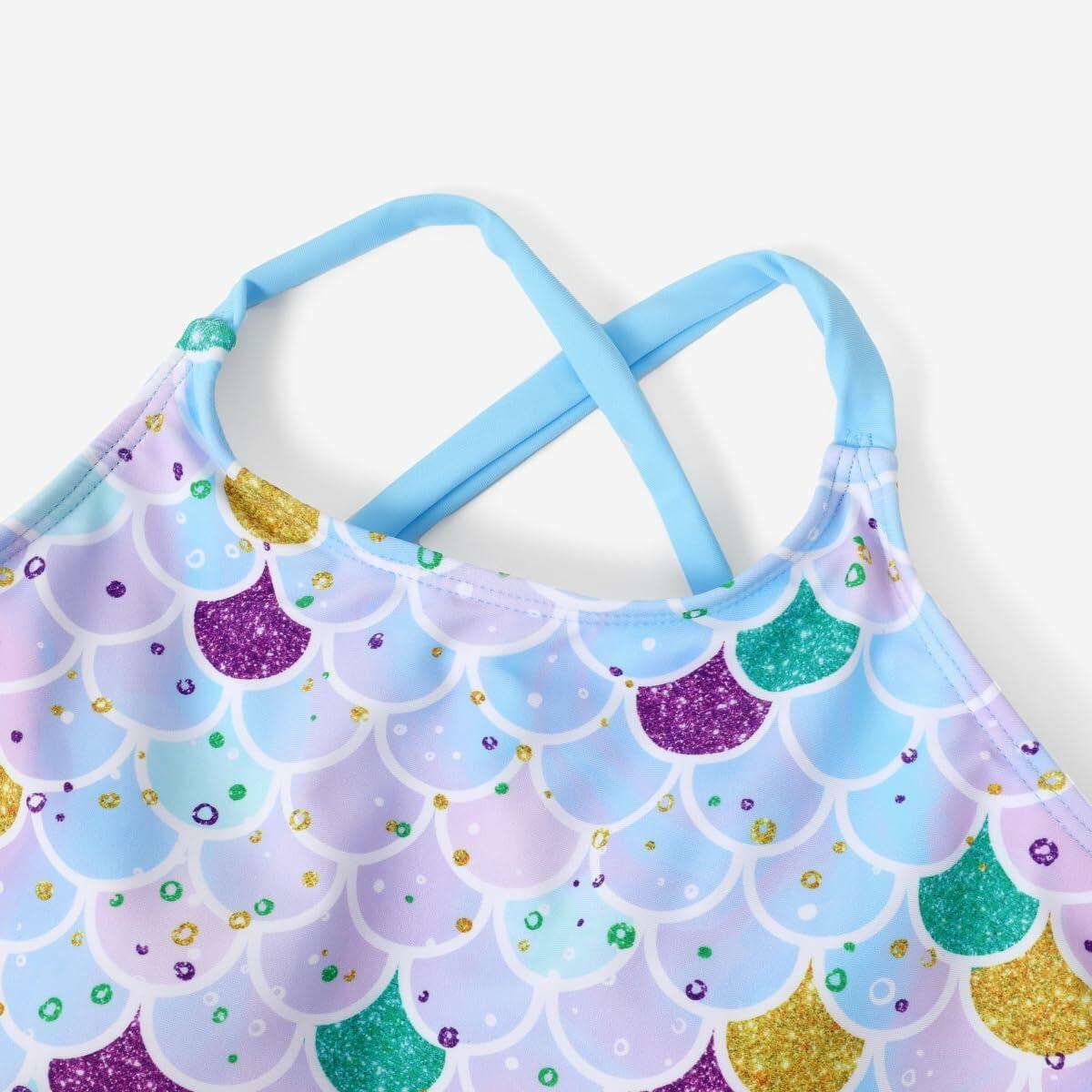 PATPAT Girls 2-Piece Tankini Swimsuit Set Sky Blue Fish Mermaid Size 6-7