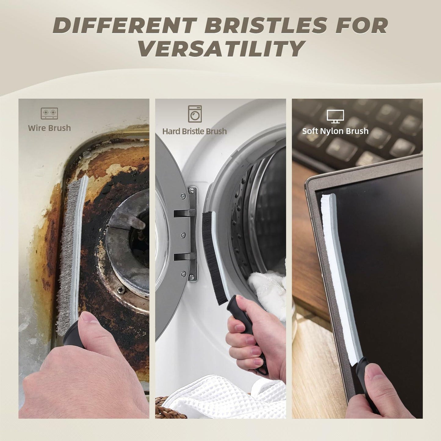 [Like New] KMOSENIA Crevice Cleaning Brush Set, Wire Brushes, Black/White, 3 pcs