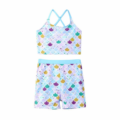 PATPAT Girls 2-Piece Tankini Swimsuit Set Sky Blue Fish Mermaid Size 6-7