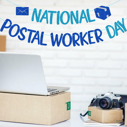 FOZEE Postal Worker Day Banner Blue Glitter Cardstock Decoration