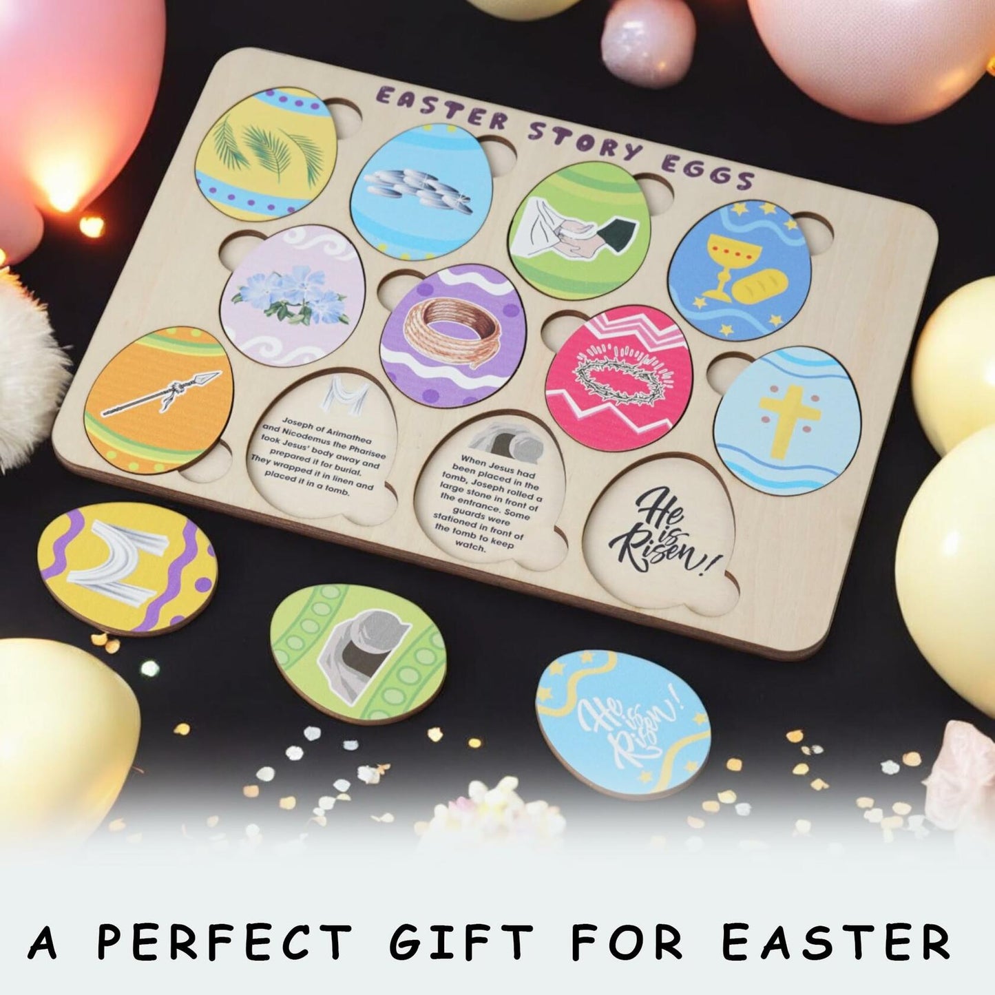 KATINAT Easter Story Wooden Eggs Set 12pcs Easter Story Puzzle Small