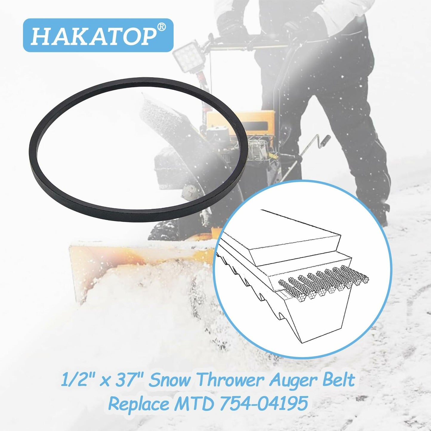 HAKATOP Snow Thrower Auger Belt for MTD 1/2" x 37" Black Rubber