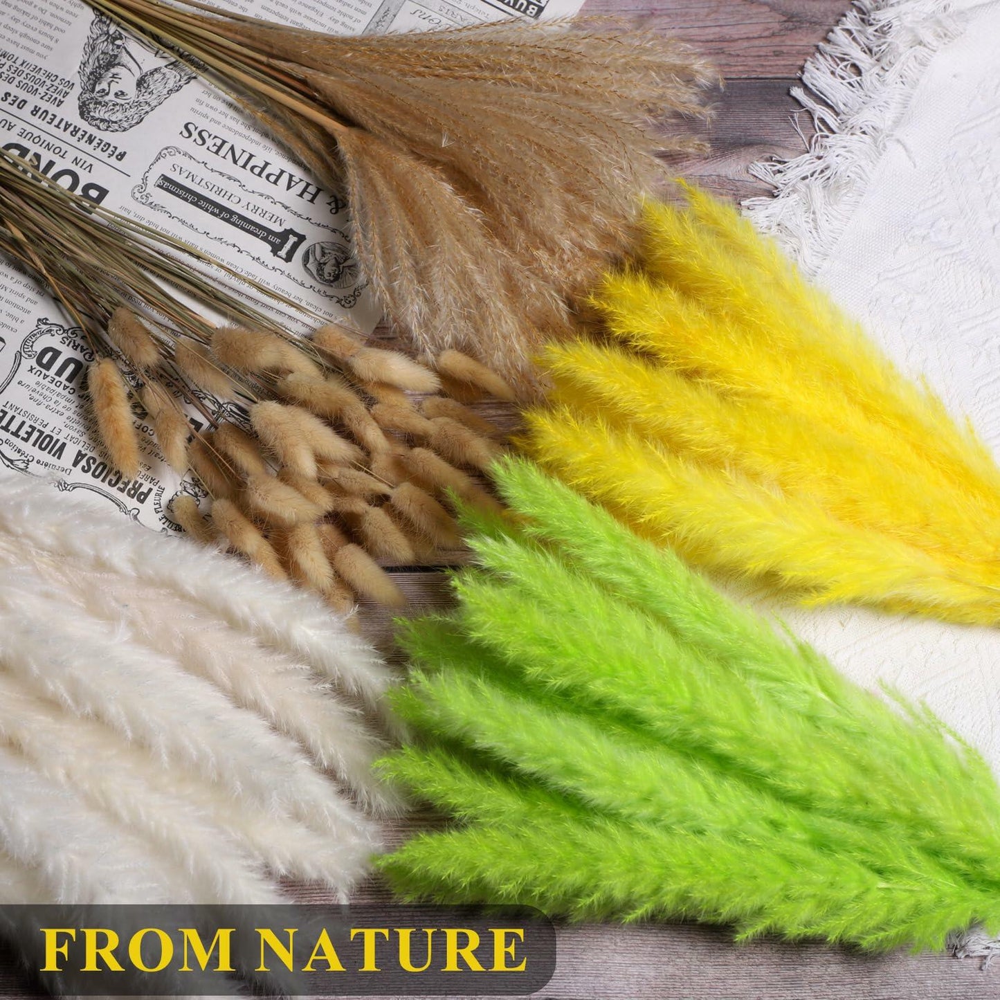 CeiooCei Colorful Pampas Grass Decor 17" White Yellow Light Green Dried