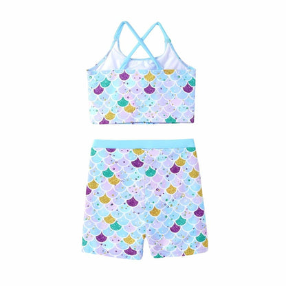 PATPAT Girls 2-Piece Tankini Swimsuit Set Sky Blue Fish Mermaid Size 8-9
