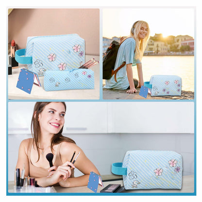 LOYEJEGL Travel Cosmetic Bag with Double Sided Mirror & Brush Bag Blue