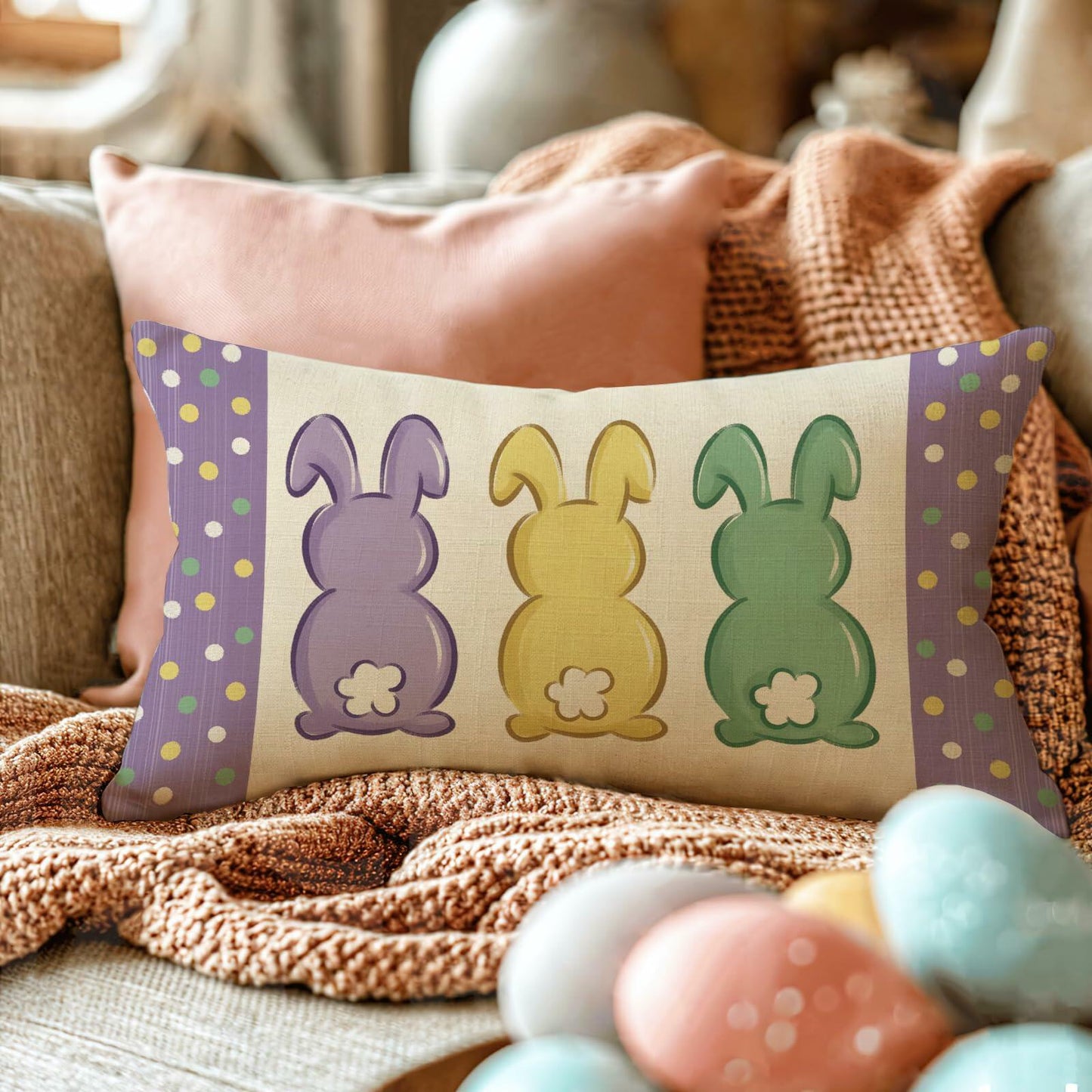Fahrendom Easter Peeps Bunny Lumbar Pillow Case12x20 Purple Rabbit Cotton Linen