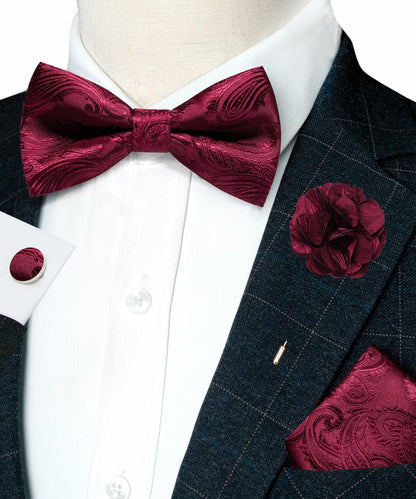RBOCOTT Purple Paisley Bow Tie Pocket Square Lapel Pin Cufflinks Set