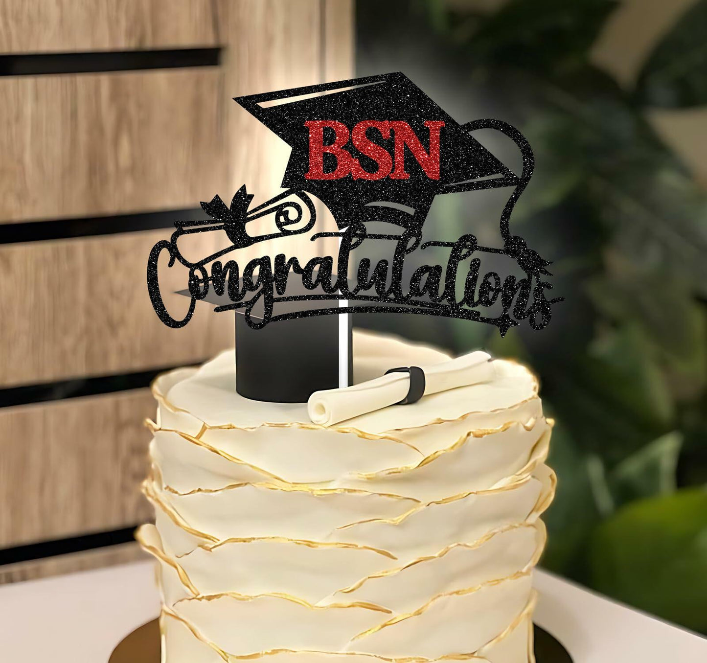 RLXPT Congratulations BSN Cake Topper Black Red Paper Nurse Grad 2025