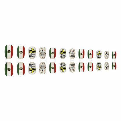 Mexican Press on Nails 24pcs Oval False Nails with Glue Flag Hat Design