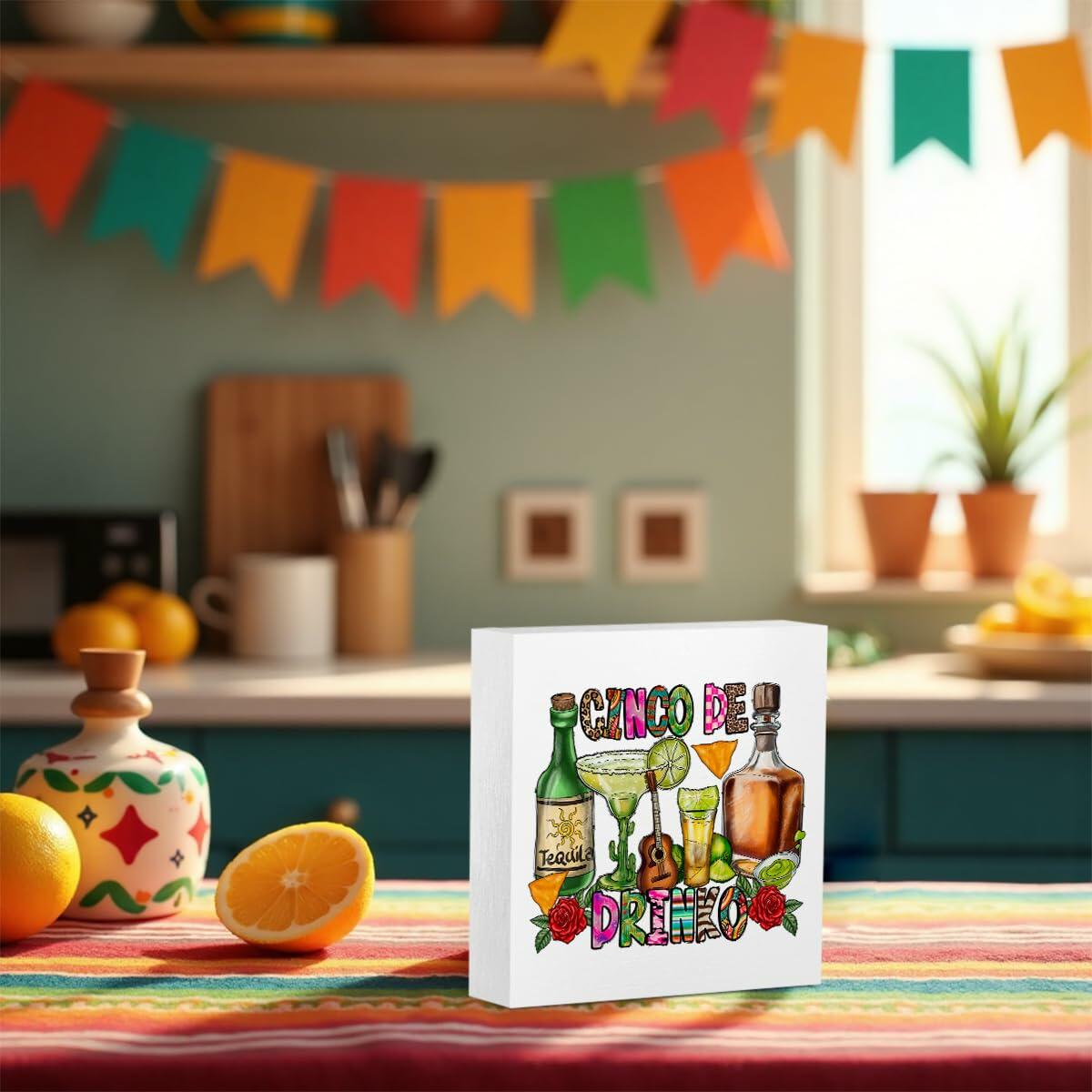 MIOOKISS Cinco De Mayo Rustic Mexican Wooden Box Sign 5x5 inch Cinco De Drinko