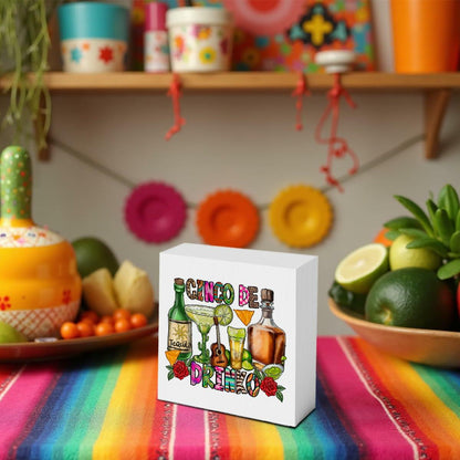MIOOKISS Cinco De Mayo Rustic Mexican Wooden Box Sign 5x5 inch Cinco De Drinko