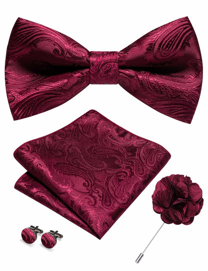 RBOCOTT Red Paisley Bow Tie Pocket Square Lapel Pin Cufflinks Set for Men