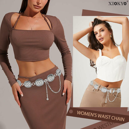 Xiokyo Women Chain Belt Boho Western Metal Silver-Cross Floral Size 27+31in