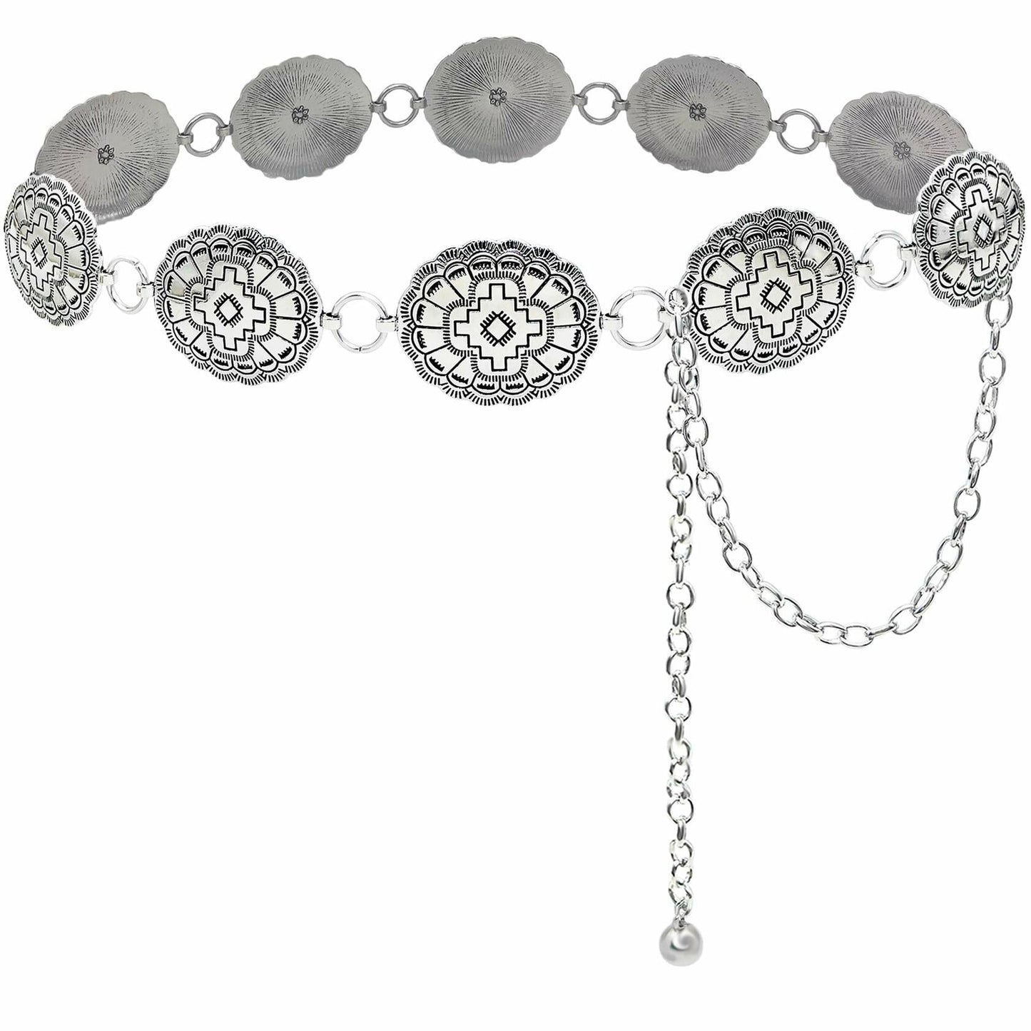 Xiokyo Women Chain Belt Boho Western Metal Silver-Cross Floral Size 27+31in