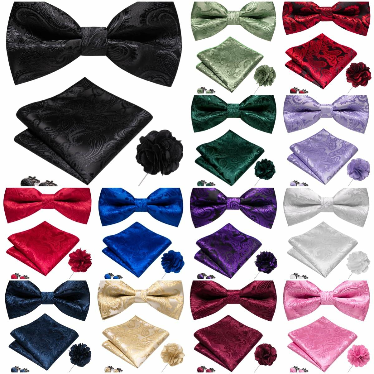 RBOCOTT Red Paisley Bow Tie Pocket Square Lapel Pin Cufflinks Set for Men