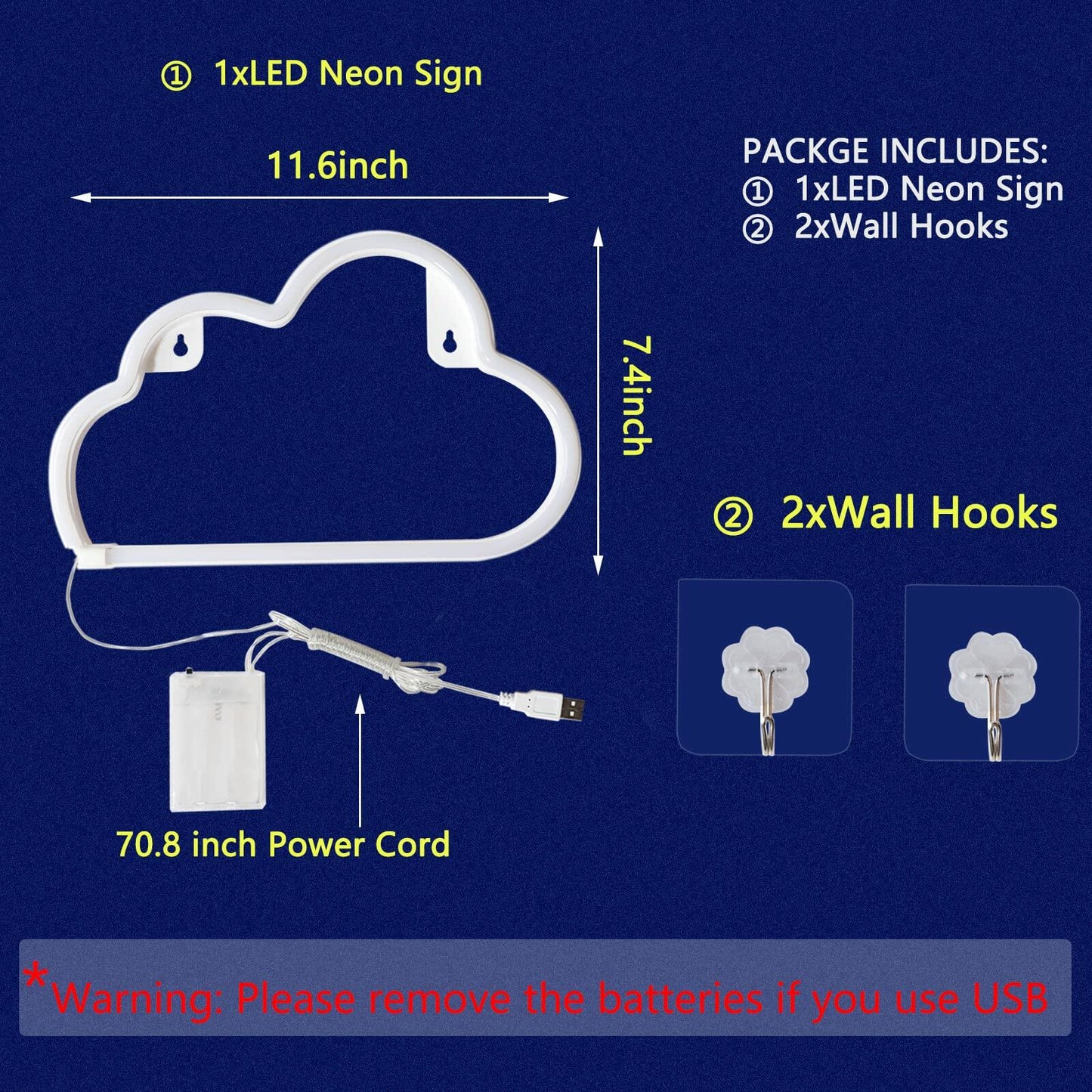 [Like New] BerniceKelly Cloud Neon Signs LED Wall Decor Battery USB Powered White