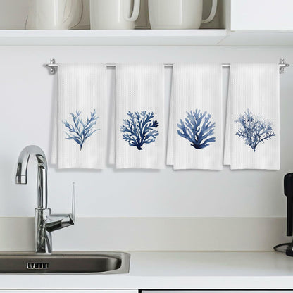 COWEB Coastal Beach Kitchen Towels Set of 4 Blue Coral Hand Towels 16x24in