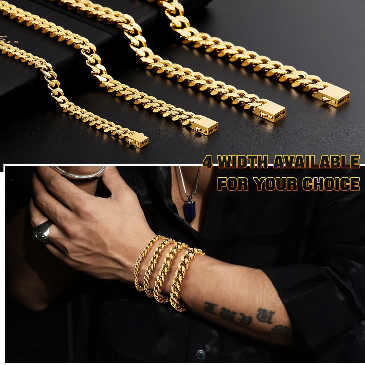 Kindoo Stainless Steel Cuban Link Bracelet 7mm Gold 8.6in