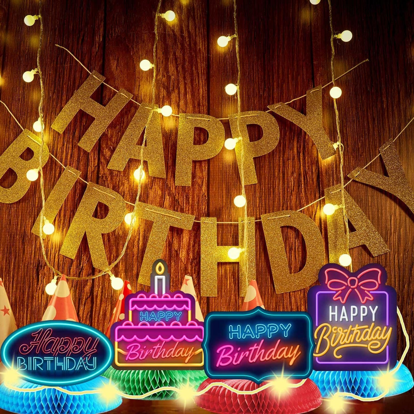 COOSOAR Happy 40th Birthday Neon Glow Honeycomb Centerpieces with Lights