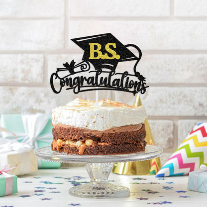 RLXPT Congrats Grad Cake Topper 2025 Black Gold Glitter B.S. Graduation