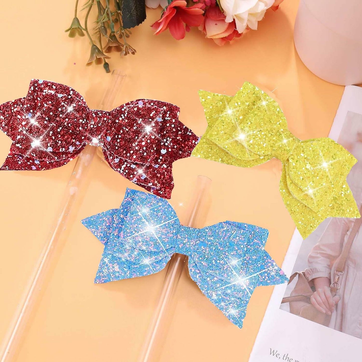 RNFVJH 6 Pcs Pink Butterfly Bow Ties Diamond & Butterfly Straw Toppers
