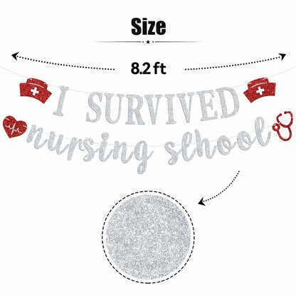 RLXPT I Survived Nursing School Banner Silver Red Congrats Nurse RN Grad 2025