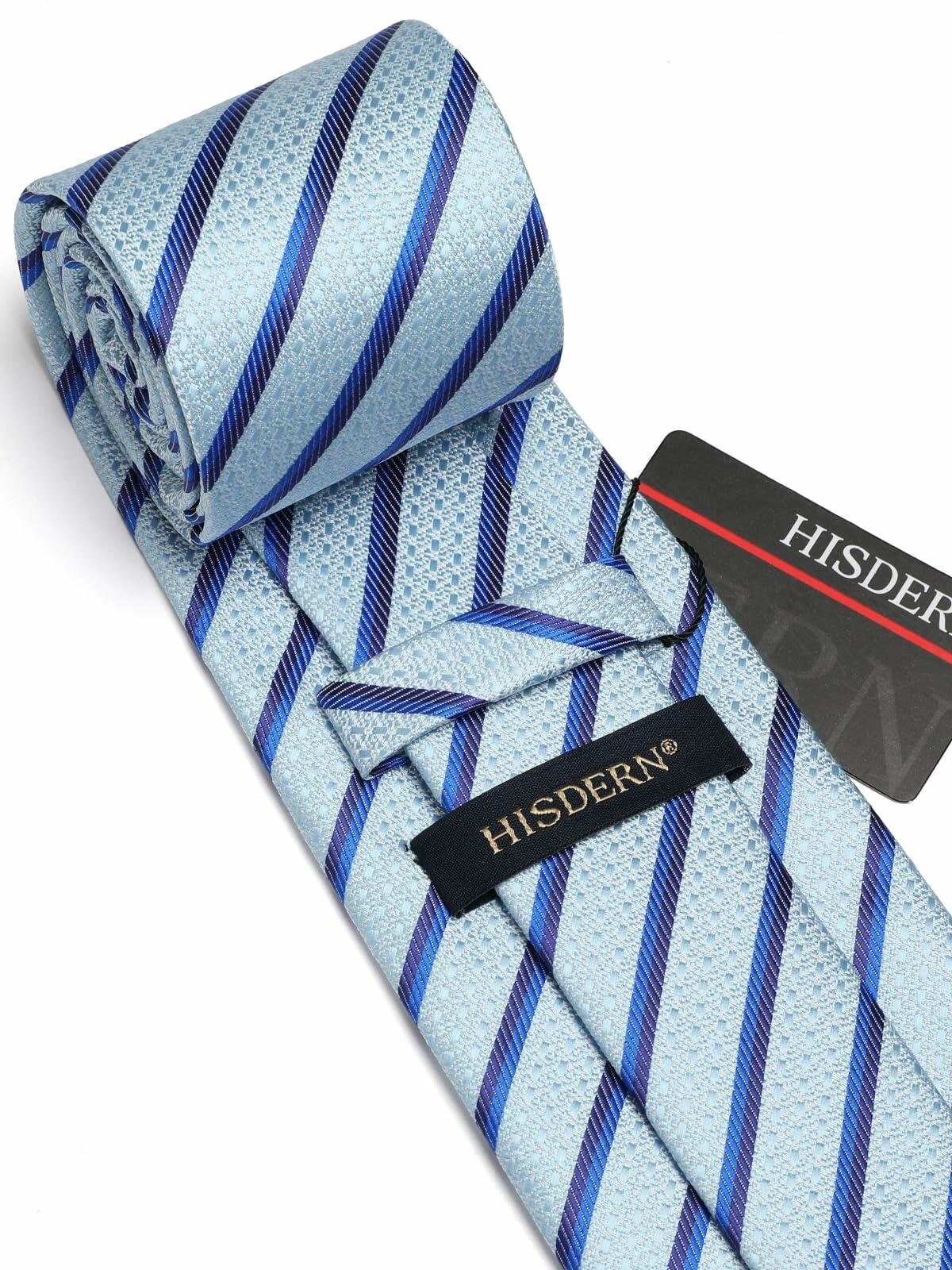 HISDERN Mens Silk Striped Necktie & Handkerchief Set Light Green Size 8.5cm