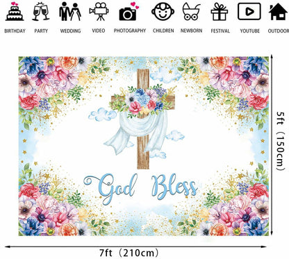 God Bless Backdrop Boy Blue Floral Baptism Party Decoration 7x5FT