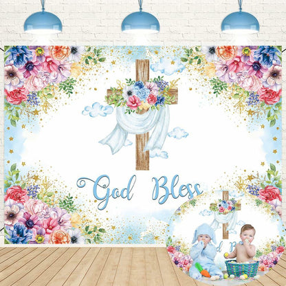 God Bless Backdrop Boy Blue Floral Baptism Party Decoration 7x5FT