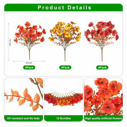INQCMY Artificial Fall Flowers Faux Pansies Mums 12 Bundle 14" Red Orange Yellow
