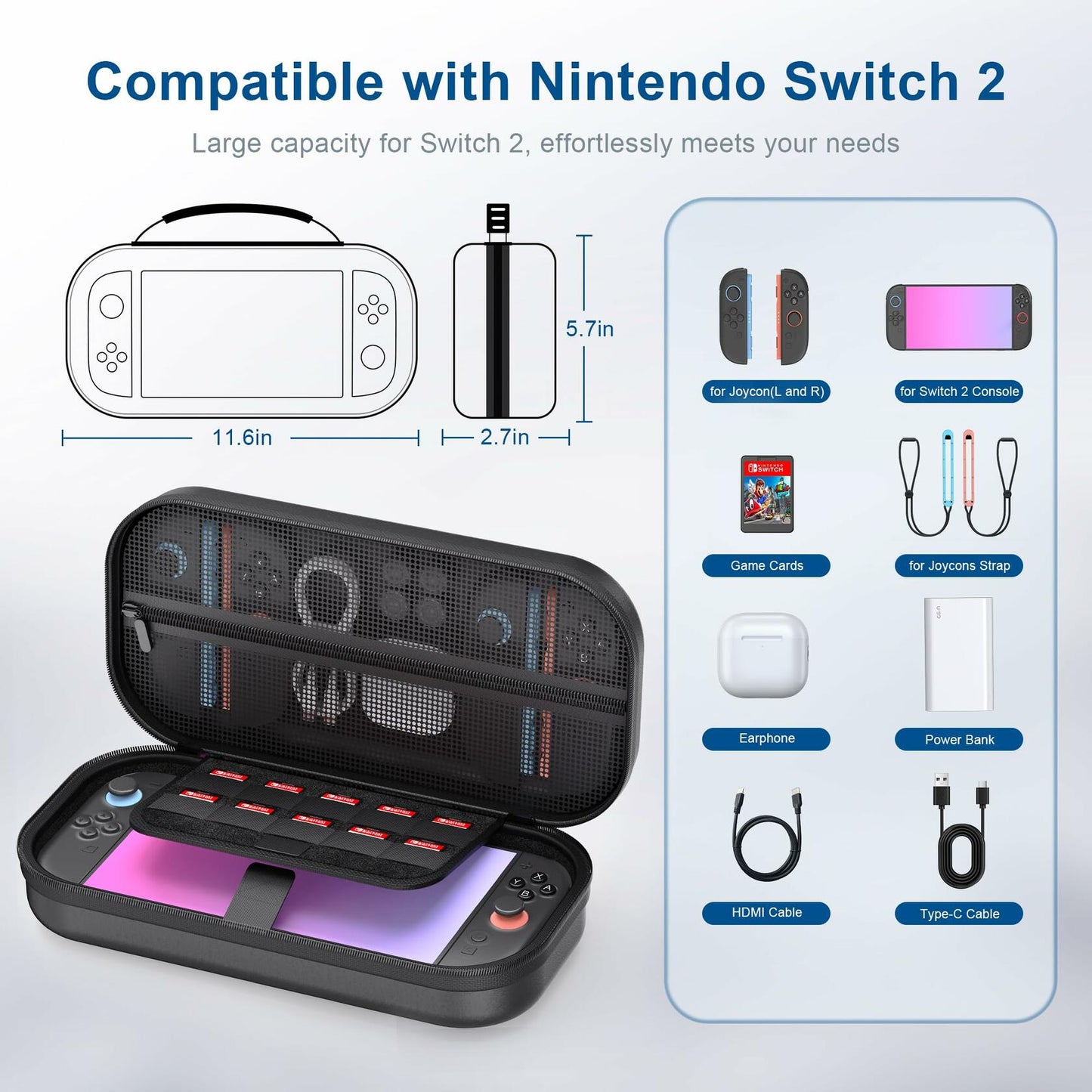 STARTRC GAMES Switch 2 Carrying Case Large PU Hard Travel Bag Black