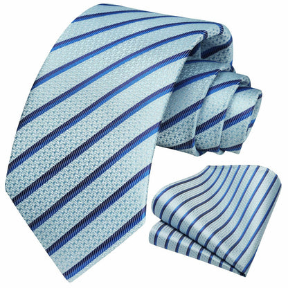 [Like New] HISDERN Men's Silk Striped Necktie & Handkerchief Set Light Green Size 8.5cm